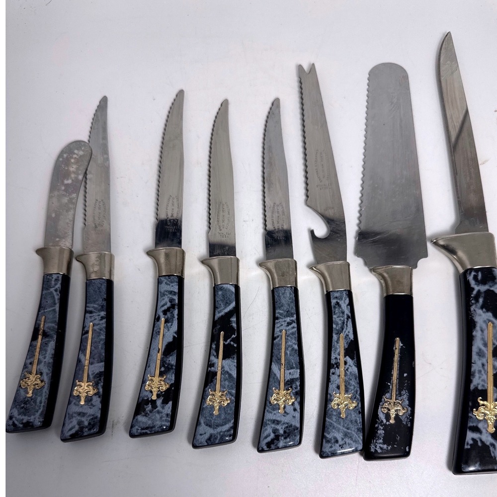 Lifetime Cutlery Knife Set Vintage 8pc Black‎ Marble Gold Fleur De Lis Sheffield
